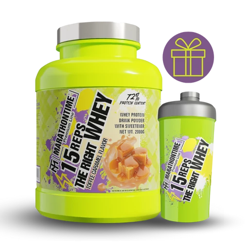 15 REPS THE RIGHT WHEY fehérje koncetrátum -  2000g AJÁNDÉK neon shakerrel - Toffee Karamell