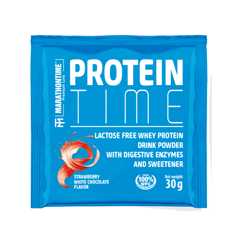 Protein Time Laktózmentes 30g Fehér csokoládé - Eper íz  új formula étrend-kiegészítő Marathontime prémium minőség