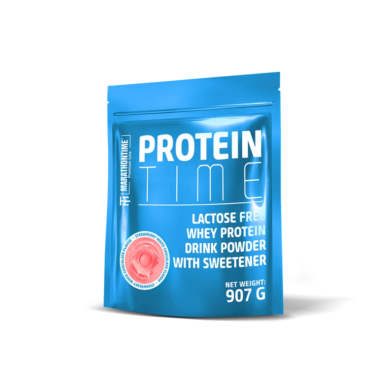 Protein Time Laktózmentes 907g Fehér csokoládé - Eper íz  új formula étrend-kiegészítő Marathontime prémium minőség