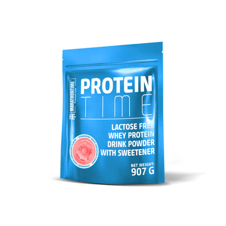 Protein Time Laktózmentes 907g Fehér csokoládé - Eper íz  új formula étrend-kiegészítő Marathontime prémium minőség