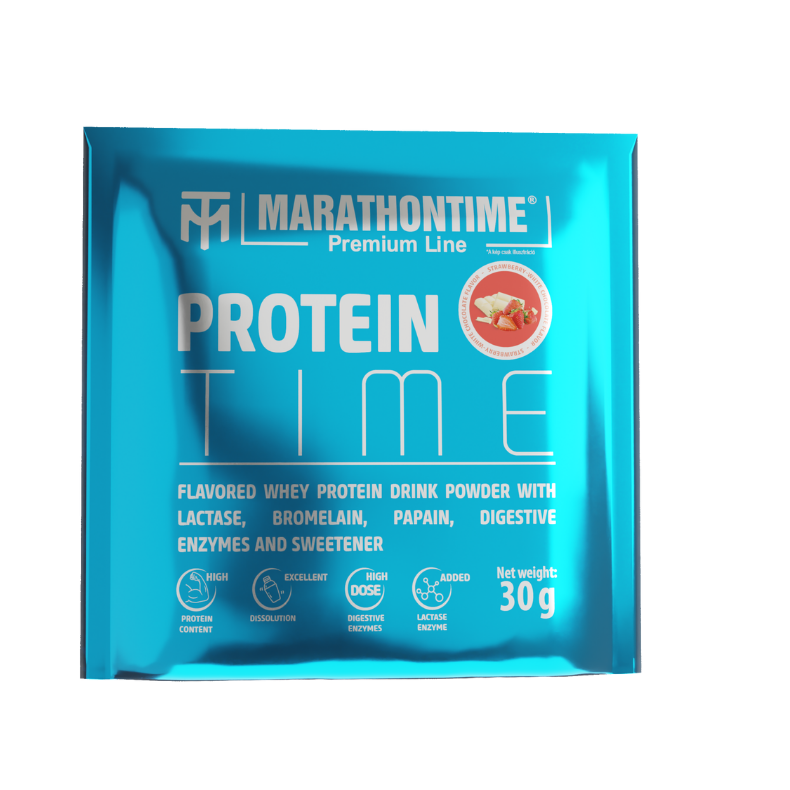 Protein Time Laktózmentes 30g Fehér csokoládé - Eper íz  új formula étrend-kiegészítő Marathontime prémium minőség