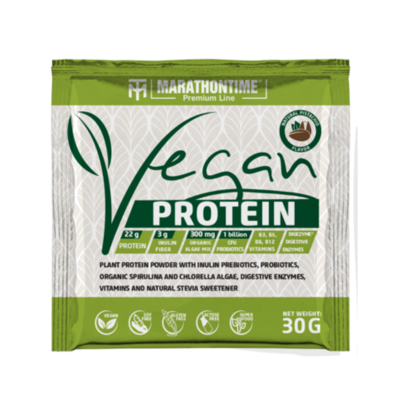 Vegán Protein 30g Pisztáciás íz  új formula étrend-kiegészítő Marathontime prémium minőség