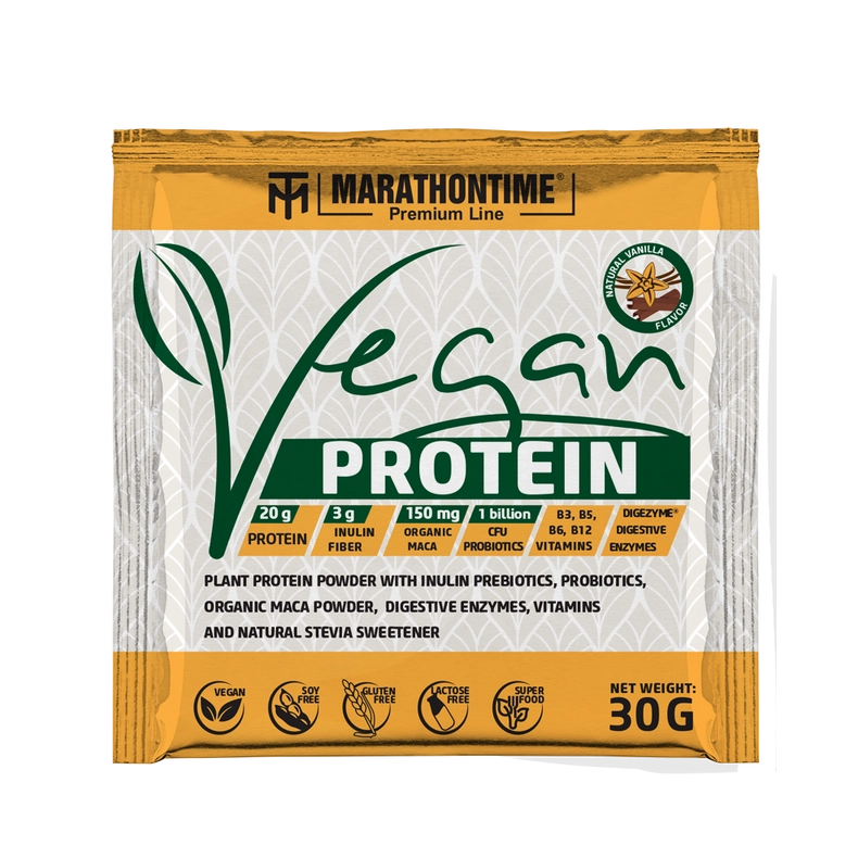 Vegán Protein 30g Vaníilia íz  új formula étrend-kiegészítő Marathontime prémium minőség